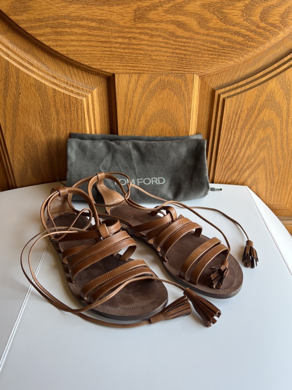 Vintage Tom Ford Brown Leather Lace-Up Tassel Gladiator Sandals